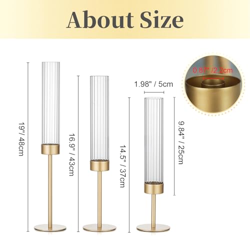 Hewory Gold Hurricane Candle Holders 12PCS Matte Brass Taper Candlestick Set