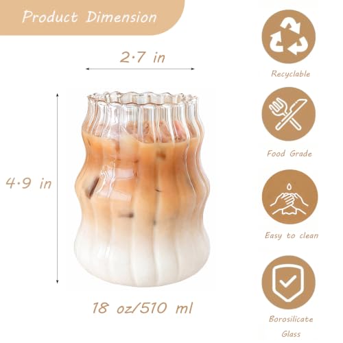 2 Pcs Ribbed Glass Cups 18 oz - Aesthetic Wavy Iced Coffee & Matcha Glasses