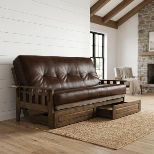 Full Size Futon Sofa Bed with Storage Drawers - Rustic Walnut Finish