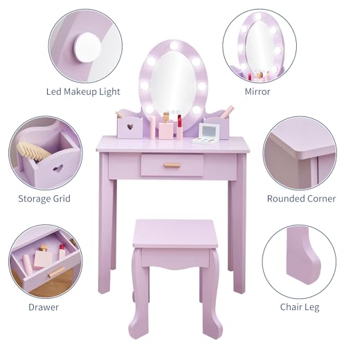 Kids Purple Vanity Set with LED Lighted Mirror and Stool for Ages 4-8