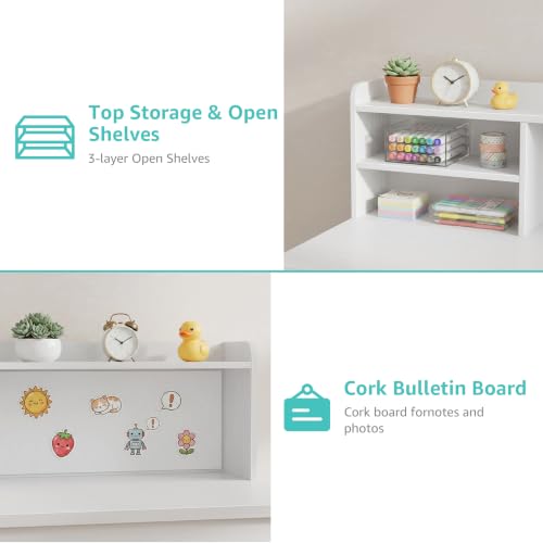BOLUO Wooden Kids Study Desk with Storage & Chair Set, White for Ages 8-12