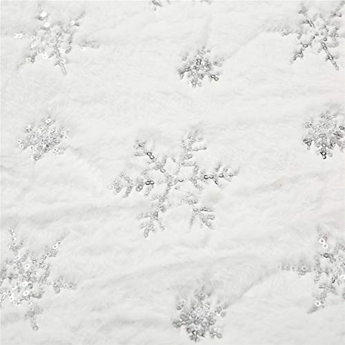 White Plush Christmas Tree Skirt 30 Inch with Silver Sequin Snowflakes