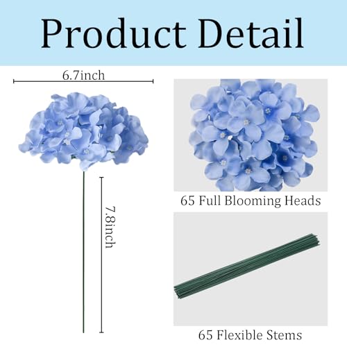 65Pcs Blue Artificial Hydrangea Flowers – Realistic Silk Blooms for Home Decor
