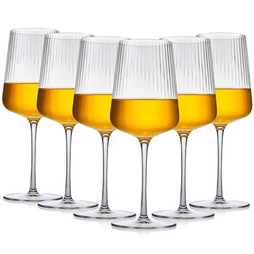 Qinyoung Set of 6 Modern Crystal Ribbed Wine Glasses 17oz for Red White Champagne