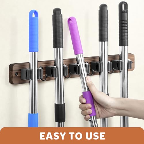 Rustic Wood Broom and Mop Holder Wall Mount with 5 Racks and 4 Hooks