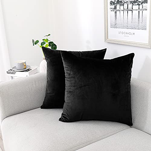 Black Velvet Throw Pillow Covers 18x18 (Set of 2) - Soft Cushion Cases