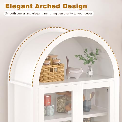 71-Inch Tall Arched Kitchen Pantry Cabinet with Glass Doors and Storage