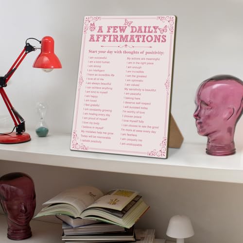 A Few Daily Affirmations Sign - 8x11 Wooden Desk Plaque with Stand, Pink Home & Office Decor