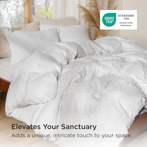 Boho Queen Duvet Cover Set - 3-Piece Soft Tufted Embroidery Bedding
