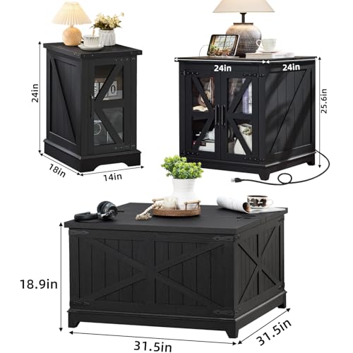 3-Piece Farmhouse Coffee Table Set with Hidden Storage and Barn Doors