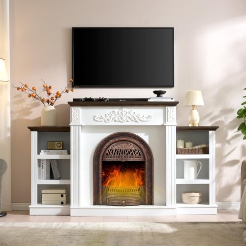 Tall Electric Fireplace TV Stand with Mantel and Storage Shelves