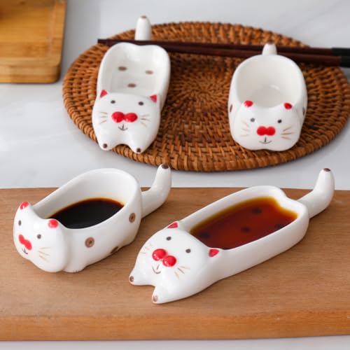 (2 Pieces) Ceramic Cat Dipping Saucer Set - Cute Cartoon Style, Food-Grade, Dishwasher Safe - B