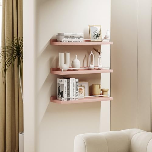 Floating Wall Shelves Set of 3, 16-Inch Paulownia Wood Storage Ledges