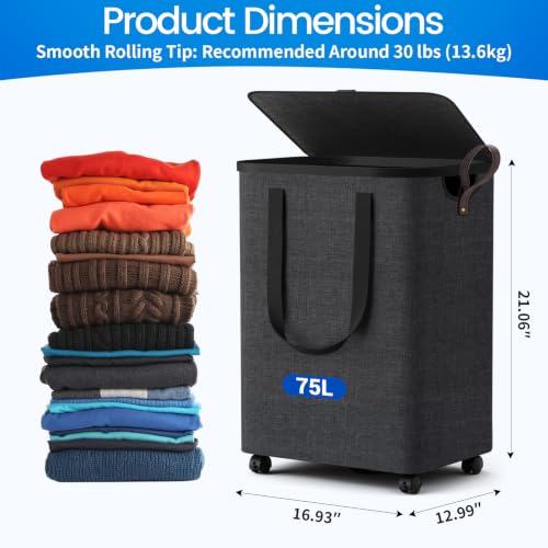 SmartKempt Rolling Laundry Basket with Wheels and Lid, 75L Deep Gray