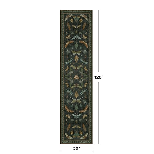 Dark Green 2'6"x10' Runner Rug, Washable Non-Slip Vintage Insect Hallway Carpet