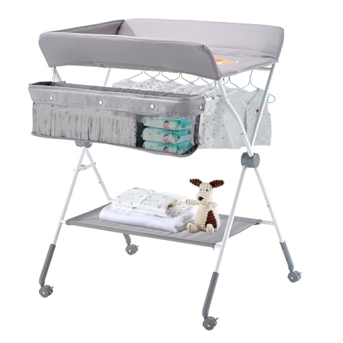 Foldable Baby Changing Table with Storage and Adjustable Height, Gray