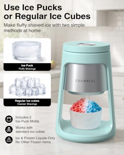 CROWNFUL Blue Electric Shaved Ice Machine 130W with 2 Cups - Fast & Safe Snow Cone Maker