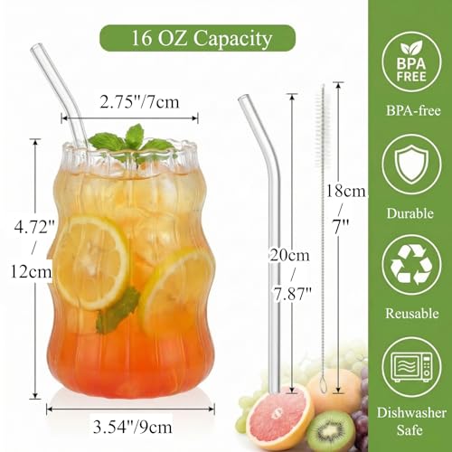 4-Pack Ribbed Glass Tumblers with Straws, 16oz Aesthetic Iced Coffee Cups