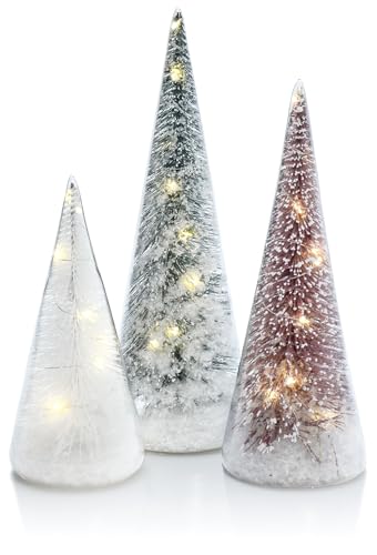 Red Co. Set of 3 Clear Glass Light-Up Christmas Tree Figurines with LED, Tinsel & Snow