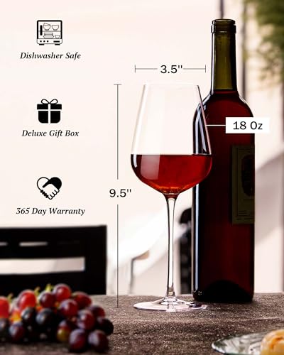 JBHO Set of 4 Italian Style Lead-Free Crystal Bordeaux Wine Glasses 18oz - Gift Ready