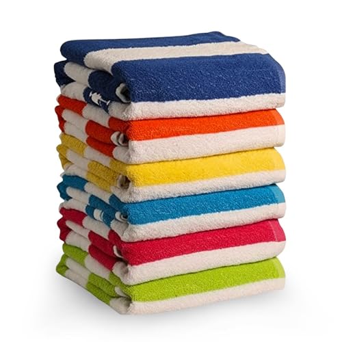 100% Cotton Cabana Stripe Beach Towels, Large Absorbent Pool Towels - 6 Pack