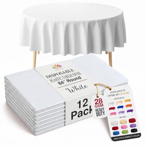 Premium White Round Plastic Tablecloth 84 Inch - 12 Pack Table Covers