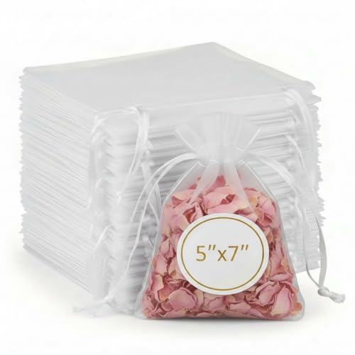 100pcs White Organza Drawstring Gift Bags 5x7 Inch Mesh Pouches
