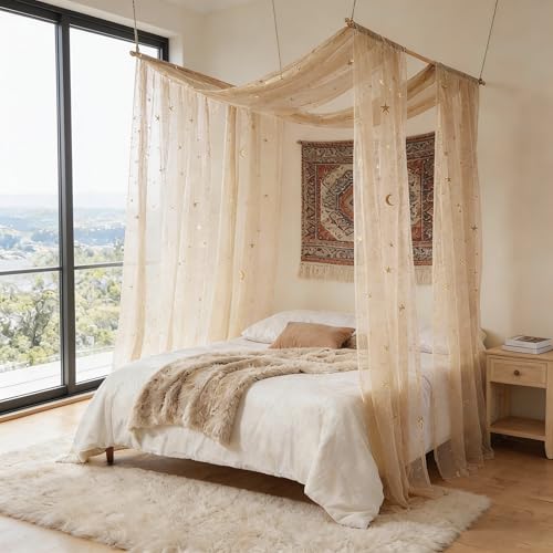 Sheer Star and Moon Canopy Bed Curtains for Kids Montessori and Twin Beds