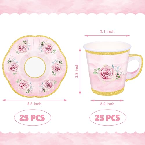 50 Pcs Pink Floral Disposable Tea Cups & Saucer Sets with Gold Rim for Parties - Serve 25 Guests