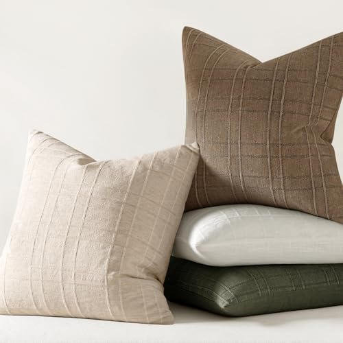 MIULEE Linen Plaid Throw Pillow Covers 20x20 - Set of 2 Neutral Cushion Covers