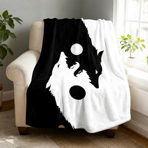 Twin Yin Yang Wolf Fleece Throw Blanket 60x80in - Super Soft Cozy Plush Mini Microfiber