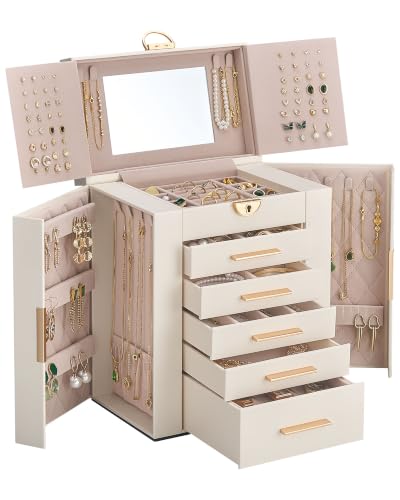 6-Layer Large Jewelry Box Organizer with 5 Drawers, Mirror and Lock, Beige