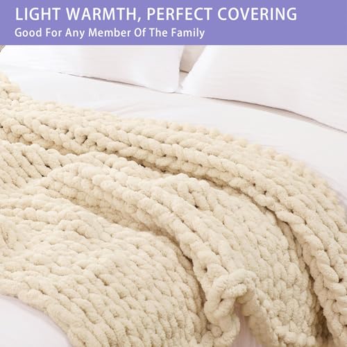 Chunky Chenille Knit Throw Blanket, Soft Hand-Knit Decorative Sofa Throw, Beige