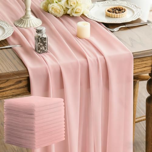 LINNUO HOURSE Pink Sheer Chiffon Table Runner 35x12 Inches 12 Pack for Weddings