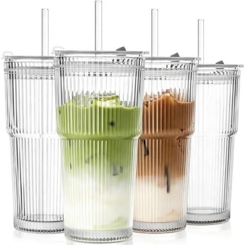 20 oz Ribbed Glass Tumblers with Lids and Straws, 4-Pack Iced Coffee Cups