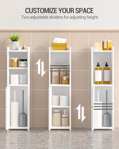Narrow Bathroom Storage Cabinet with Adjustable Shelves, White Floor Organizer