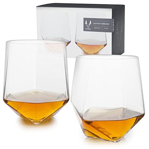 Faceted Viski Seneca Crystal Tumblers Set of 2, 11 oz Lowball Glasses for Whiskey & Cocktails