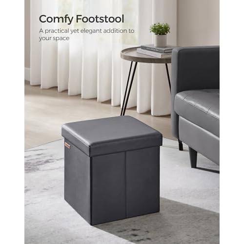 SONGMICS Mazie Collection - 15 Inches Ottoman with Storage, Footstool, Storage Ottoman, Load 660 lb, for Dorm, Living Room, Bedroom, Synthetic Leather, Dark Gray ULSF010G01