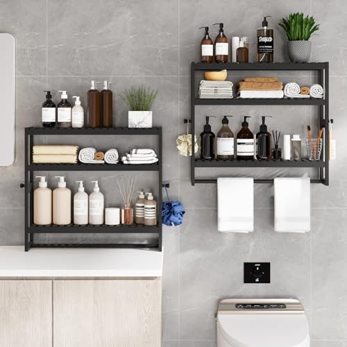 3-Tier Bamboo Bathroom Storage Shelf with Towel Bar and Hooks