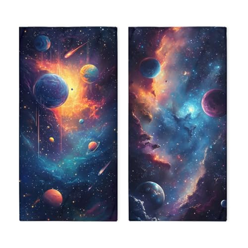 Space Hand Towels, 2-Piece Alien Galaxy Decorative Set for Bathroom Kitchen