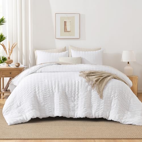 Seersucker Queen Comforter Set - 3 Piece Soft Washed Microfiber Bedding, White