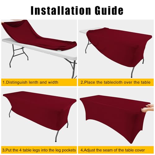 Smiry 2 Pack Elastic Fitted 8FT Tablecloth Wine Red 30" x 96"