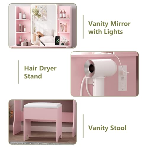 Small Vanity Desk with LED Mirror, Charging Station, and Storage Stool