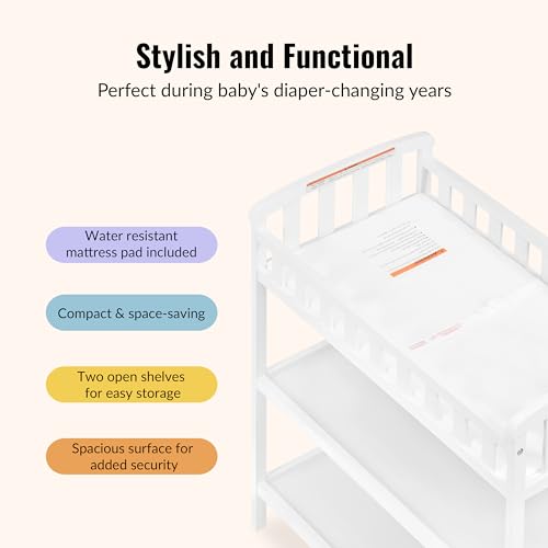 Wooden Baby Changing Table with 2 Storage Shelves & Safety Pad - White