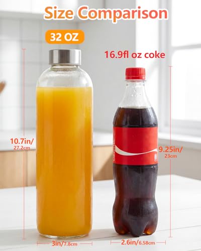 Zukro 32oz Glass Water Bottles with Stainless Steel Lids – Set of 3, Leak-Proof, Reusable Drink Bottles