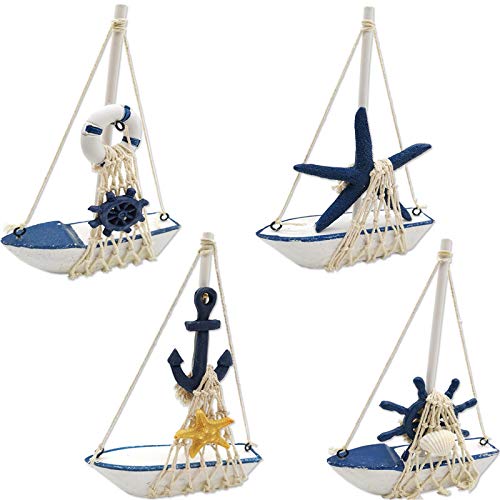 Mini Wooden Sailboat Decor Set - 4-Piece Nautical Beach Theme Figurine