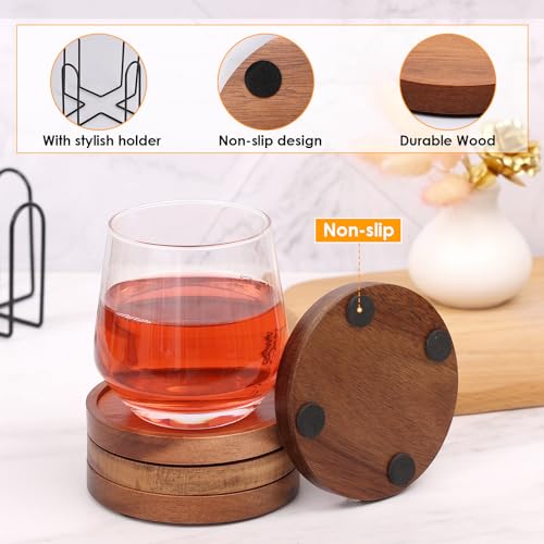 Absorbent Wood Coaster Set with Holder - 4 Piece Drink Coasters