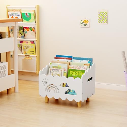 Solid Wood Kids Bookshelf with Adjustable Dividers and Carry Handles
