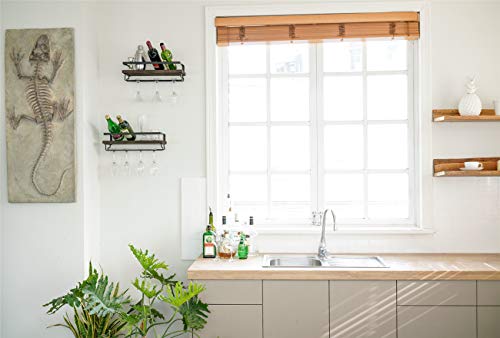 Wall Mounted Wine Rack Set of 2 - 17 Inch Rustic Wood Shelves with Glass Hanger