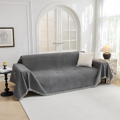 Non-Slip Chenille Couch Cover for Pets - Washable Sofa Throw, 71" x 118", Dark Grey
